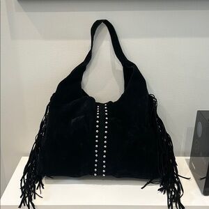 Black Fringe Suede Shoulder Bag with Stud Detail